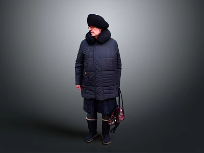 Warm Winter Living Essentials Including Quilted Coat Hat Scarf Bag And Boots 3d model