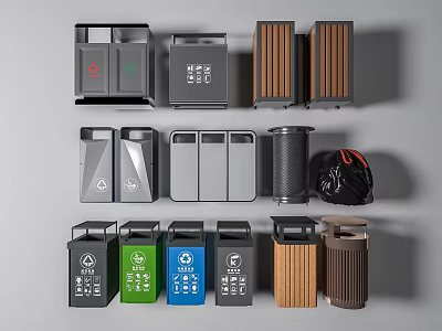Public Facilities Various Trash Bins With Recycling Symbols Different Designs And Materials 3d model