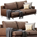 Modern Brown Leather Two Seater Sofa With Decorative Pillows Throw Blanket And Metal Legs