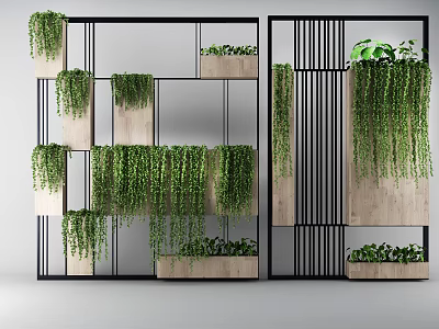 Modern Living Plant Wall Design With Black Metal Frame And Hanging Greenery On Wooden Partitions 3d model