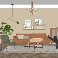 Living Room Interior With Chandelier Beige Walls Brown Sofa Green Armchair Coffee Table And Plant