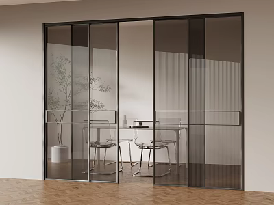 Modern Black Frame Glass Sliding Doors With Dining Table Chairs And Plant 3d model