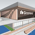 Greenland Modern Storefront Design With Glass Facade Illuminated Logo Water Feature And Lawn