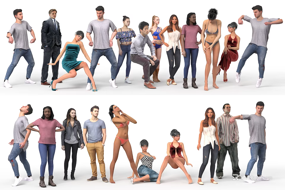 Group of People in Various Poses with Casual and Stylish Clothing 3d model 