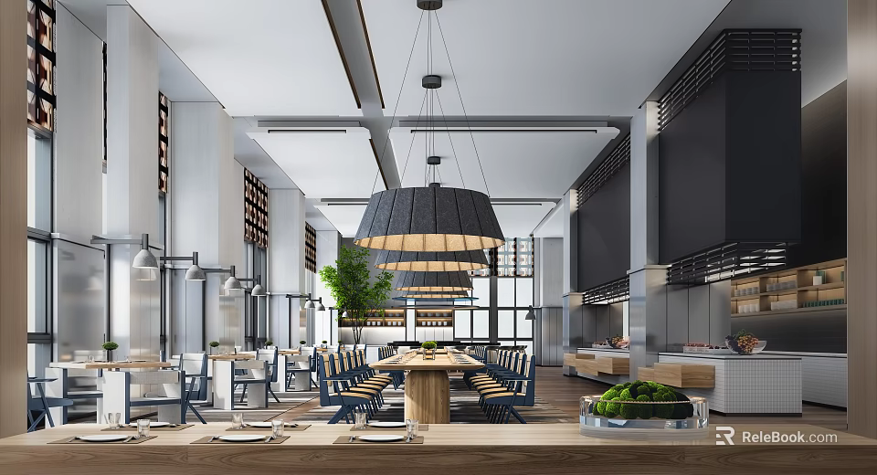 Modern Restaurant Interior With Open Space Wooden Tables Hanging Lamps And Green Plants 3d model 