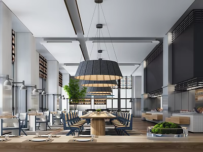 Modern Restaurant Interior With Open Space Wooden Tables Hanging Lamps And Green Plants 3d model