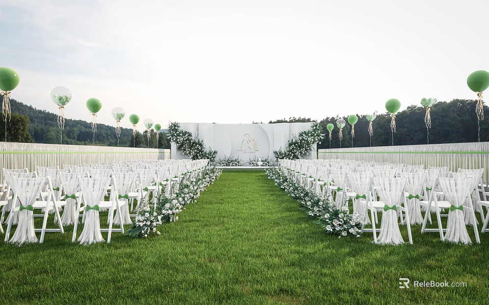 Commercial Event Equipment For Outdoor Wedding With White Chairs And Balloon Decorations 3d model 