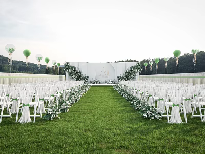 Commercial Event Equipment For Outdoor Wedding With White Chairs And Balloon Decorations 3d model