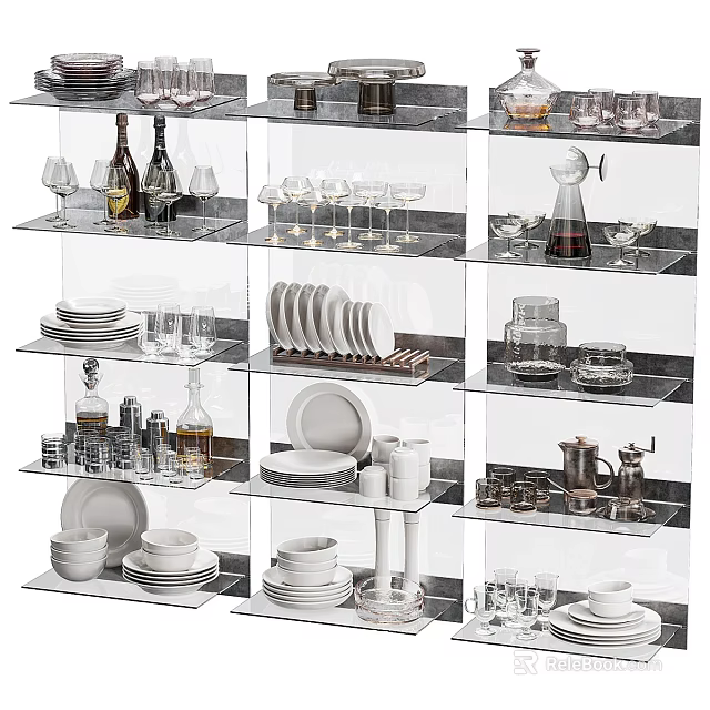 Organized Kitchenware Display On Glass Shelves With Plates Cups And Cookware 3d model 