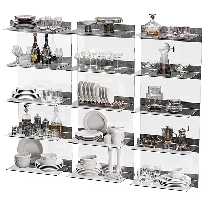 Organized Kitchenware Display On Glass Shelves With Plates Cups And Cookware 3d model