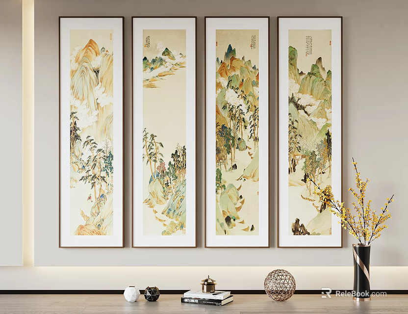 Four Traditional Chinese Landscape Scroll Paintings with Mountain Water Plants Framed Hanging on Wall 3d model 