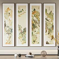 Four Traditional Chinese Landscape Scroll Paintings with Mountain Water Plants Framed Hanging on Wall