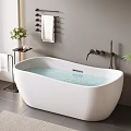 White Freestanding Bathtub With Water Green Plants Towel Rack And Gray Tile Floor