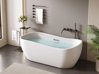 White Freestanding Bathtub With Water Green Plants Towel Rack And Gray Tile Floor 3d model