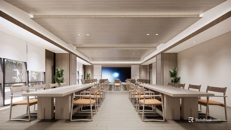 Modern Conference Room Interior With Long Wooden Tables Comfortable Chairs Large Screen And Wooden Ceiling 3d model 