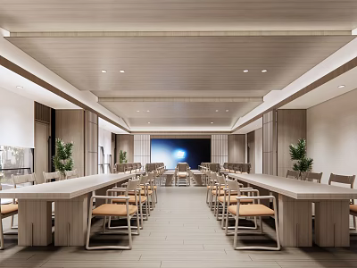 Modern Conference Room Interior With Long Wooden Tables Comfortable Chairs Large Screen And Wooden Ceiling 3d model