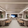 Modern Conference Room Interior With Long Wooden Tables Comfortable Chairs Large Screen And Wooden Ceiling
