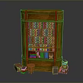 Wooden Bookshelf With Carved Design And Lattice Front Featuring Books Small Stool And Cardboard Boxes