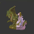 Woman in White Dress Holding Staff with Blue Dragon Decorative Statue