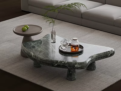Unique Shape Marble Coffee Table with Tray Teacups Vase Green Plant and Gray Sofa 3d model