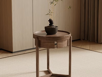 Wooden Side Table with Round Top and Drawer in Modern Minimalist Room with Potted Plant 3d model