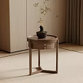 Wooden Side Table with Round Top and Drawer in Modern Minimalist Room with Potted Plant