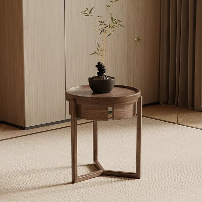 Wooden Side Table with Round Top and Drawer in Modern Minimalist Room with Potted Plant 3d model