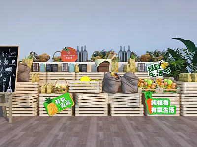 Fresh Organic Fruits Vegetables Display With Wooden Crates Blackboard And Green Plants 3d model