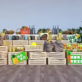 Fresh Organic Fruits Vegetables Display With Wooden Crates Blackboard And Green Plants