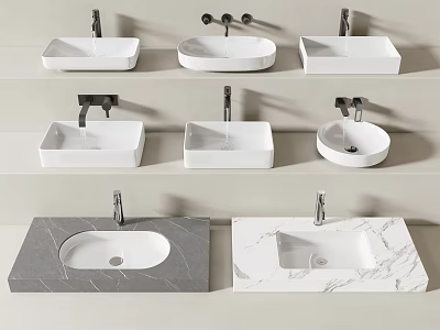 Various Modern White Ceramic Washbasin Designs With Faucets And Marble Countertops 3d model