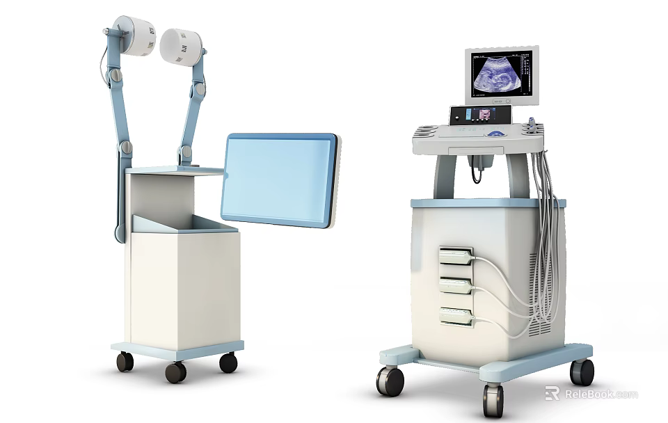 Professional Medical Equipment with Examination Lamps Tray and Display Screen on Wheeled Cart 3d model 