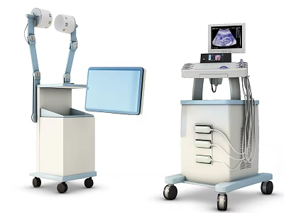 Professional Medical Equipment with Examination Lamps Tray and Display Screen on Wheeled Cart 3d model