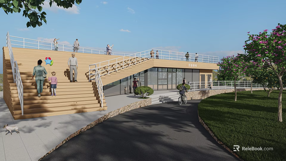 Scenic Rest Pavilion With Wooden Stairs Green Lawn And People Walking 3d model 