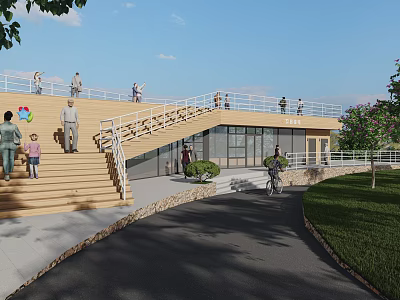 Scenic Rest Pavilion With Wooden Stairs Green Lawn And People Walking 3d model