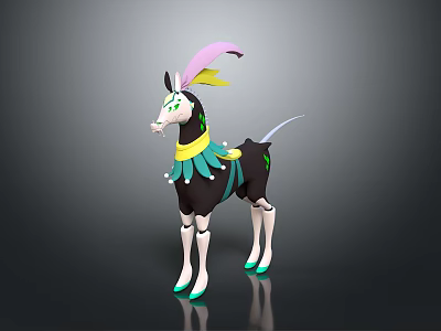 Colorful Fantasy Animal With Pink Feather Headpiece Green Collar Black Body White Legs Green Hooves 3d model