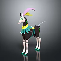 Colorful Fantasy Animal With Pink Feather Headpiece Green Collar Black Body White Legs Green Hooves
