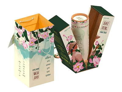 Oriental Style Tea Beverage Packaging With Floral Pattern Pink Flowers Paper Box And Canister 3d model