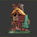 Whimsical Wooden Cottage With Straw Roof Red Walls Garland Decorations Green Trees Stones And Grass