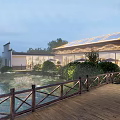 Chinese Style Building Entrance With Light Strip Decoration Stone Pavement And Green Plants