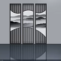 Three Panel Modern Minimalist Swing Door With Black White Mountain Landscape Design 3d model