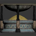 Traditional Decorative Table With Round Top Storage Base Columns Yellow Filling and Blue Gray Accents