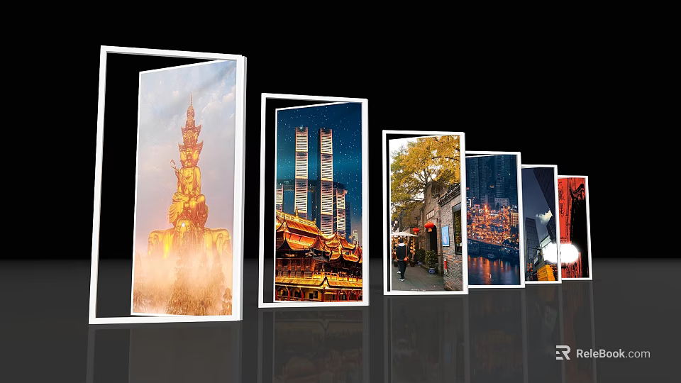 Modern Display Shelves Showcasing Scenic Photos of Landmarks and Night Views 3d model 