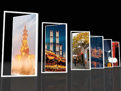 Modern Display Shelves Showcasing Scenic Photos of Landmarks and Night Views 3d model