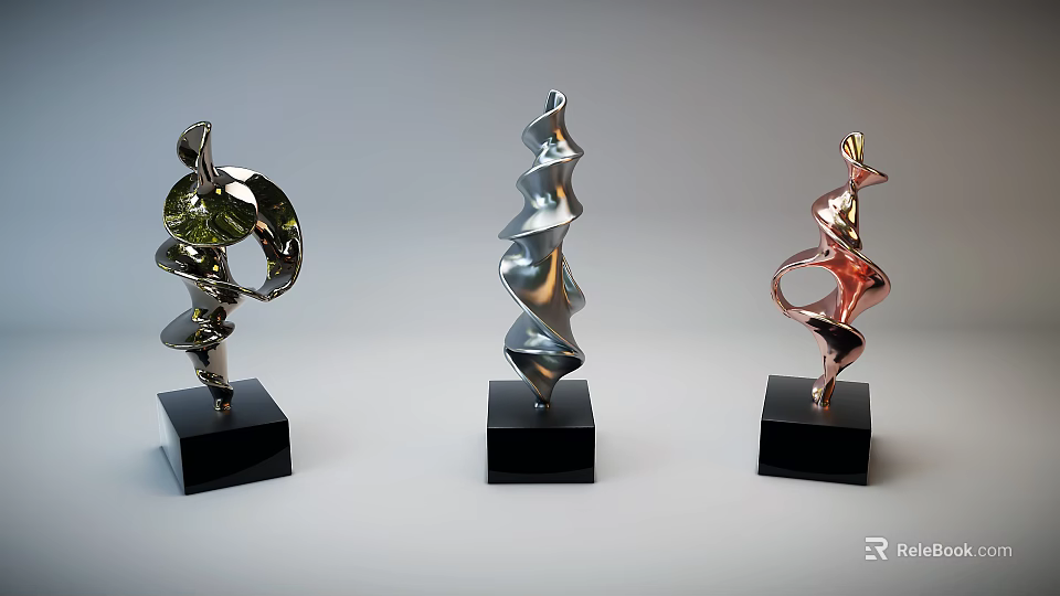 Three Modern Metal Sculptures with Twisted Wavy Designs on Black Bases 3d model 