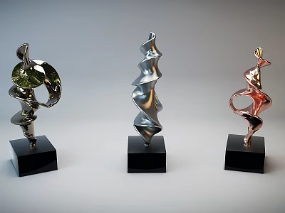 Three Modern Metal Sculptures with Twisted Wavy Designs on Black Bases 3d model