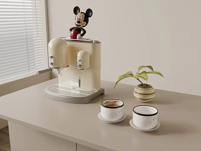 Beige Coffee Machine With Mickey Mouse Figure Two Cups Potted Plant On Table By Window 3d model