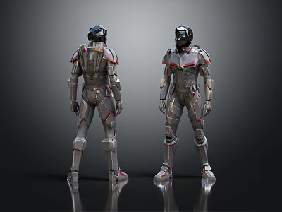 Futuristic Armored Humanoid Characters In Two Angles With Silver Red Armor And Reflective Surfaces 3d model