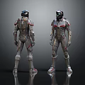 Futuristic Armored Humanoid Characters In Two Angles With Silver Red Armor And Reflective Surfaces