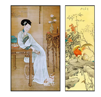 Chinese figure painting exquisite artistic conception ladies flower and bird pattern hanging picture combination 3d model