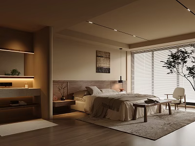 Minimalist Bedroom Interior With Wooden Floor Large Bed Headboard Window Plant And Rug 3d model